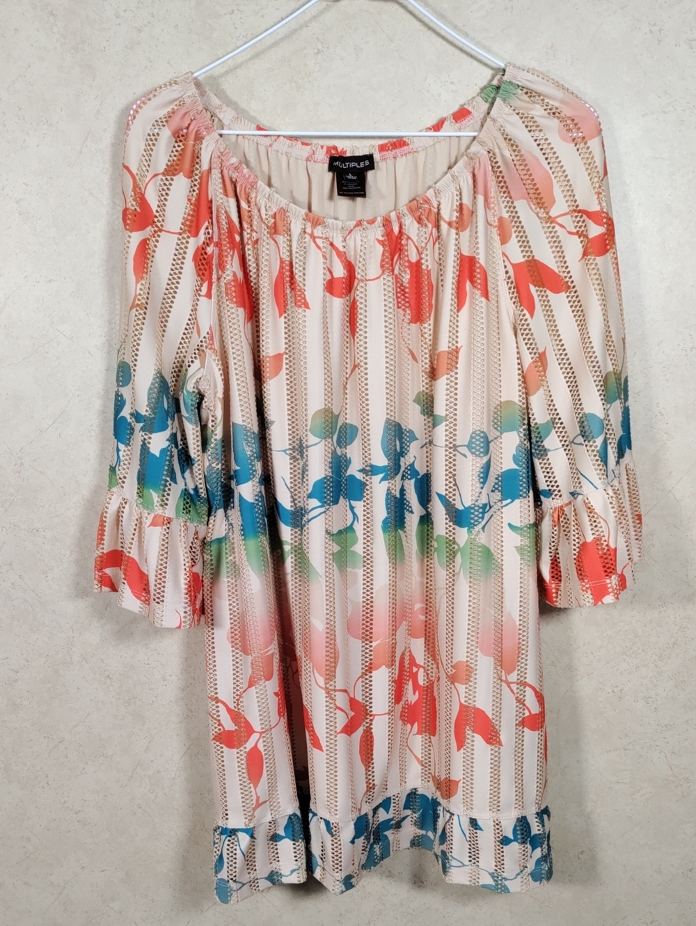 H151 Multiples Tan Tunic with Coral, Blue & Green Floral Print L